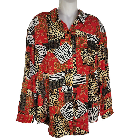 Vtg S.G. Sport Collection Womens Shirt Large Animal Print Patchwork Red Button - Picture 1 of 11